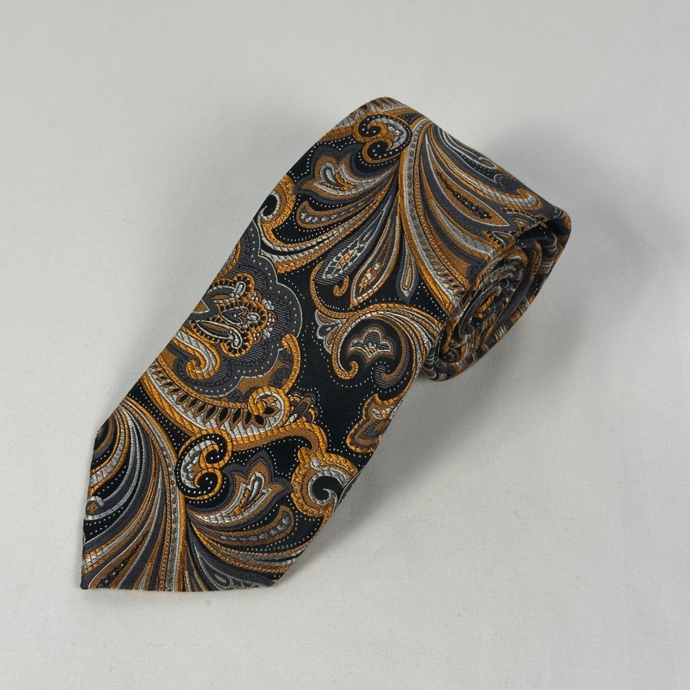 Countess Mara Silk Tie Black Gold Silver Paisley Jacquard Handmade 3.25"W 57"L